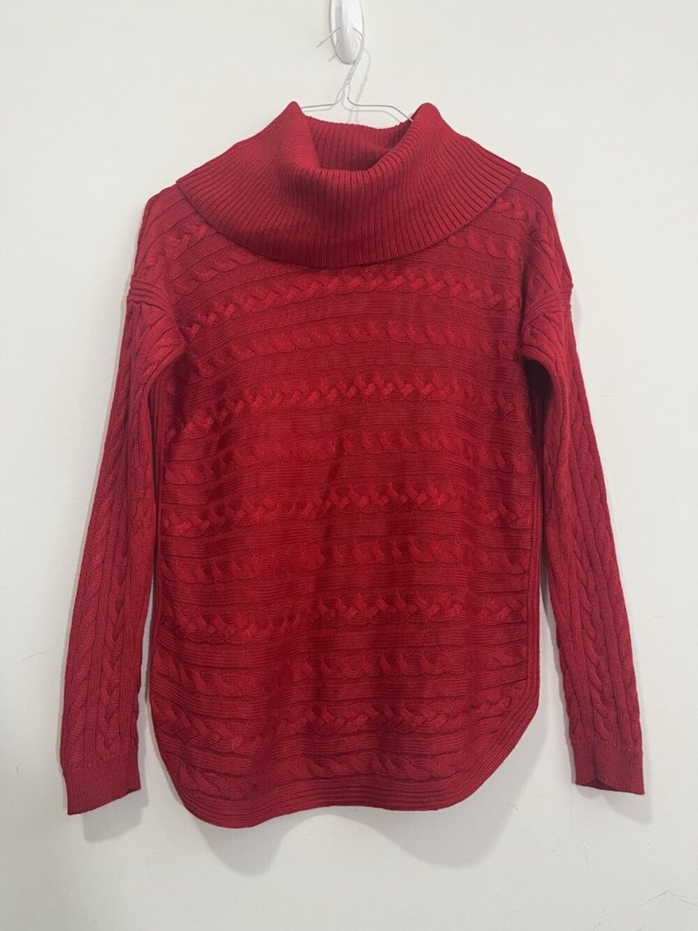 Lauren Ralph Lauren Cable Knit Sweater Womens M Red Cowl Neck Ribbed Cozy Preppy